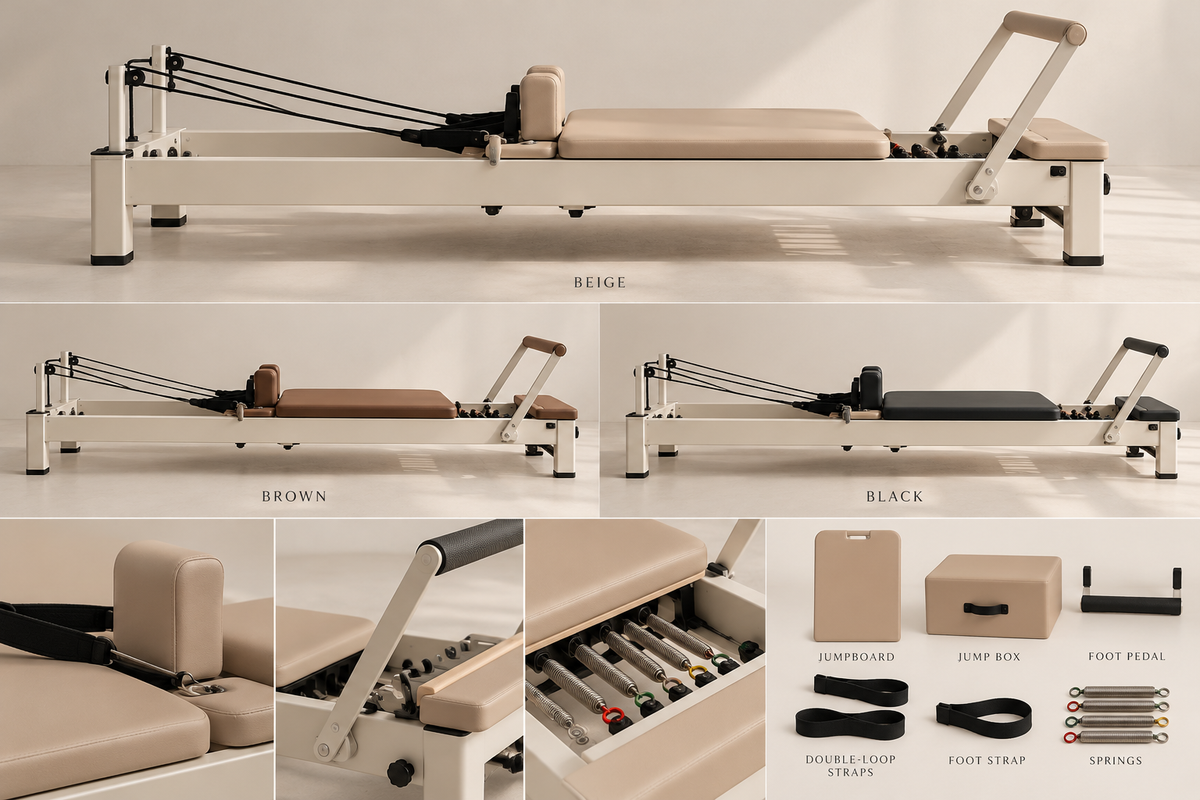 AI-generated illustrative colour options for FORMÉ aluminium reformer: beige, brown and black